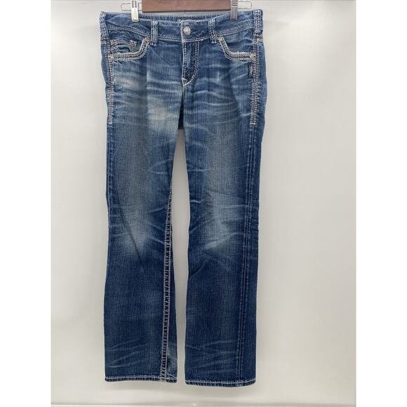 Silver Jeans Pants Womens 29 X33 Blue Denim Suki Bootcut Embellished Distressed - Picture 1 of 16